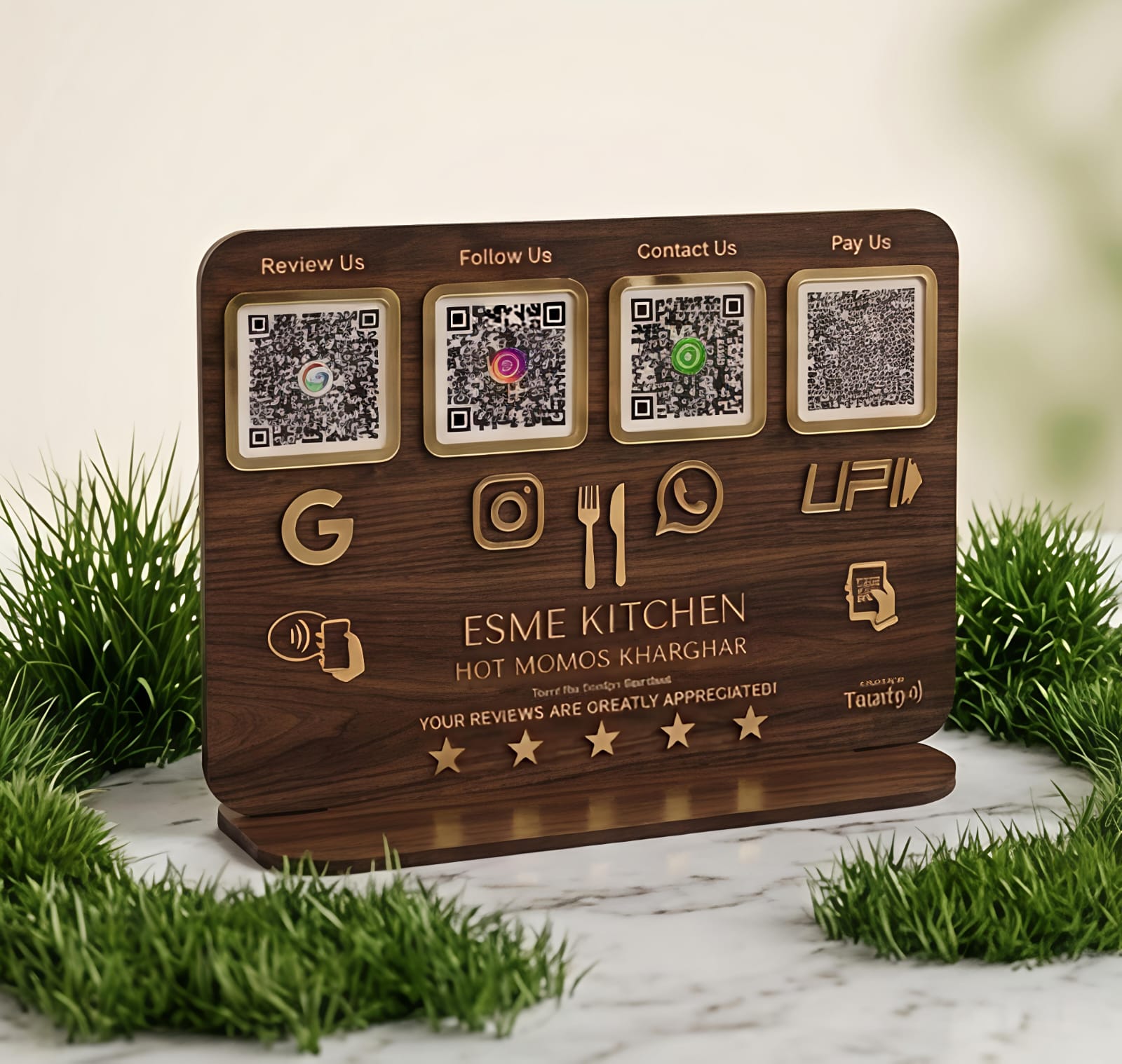 QR Stand – Premium Walnut Gold Custom